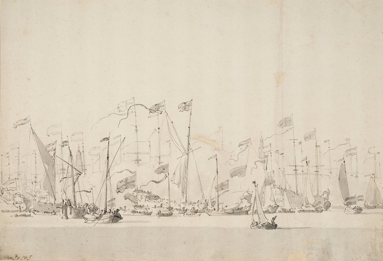 Widowisko na rzece Y w Amsterdamie na cześć księcia Oranii, 5/15 czerwca 1660, ok. 1675 (pióro, pranie) autorstwa Willem van de Velde the Younger