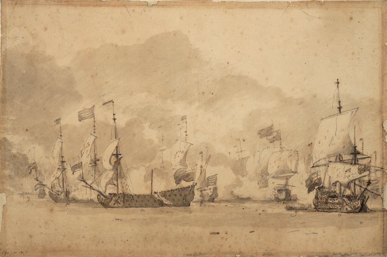 Bitwa pod Texel (Kijkduijn) 11-21 sierpnia 1673, ok. 1673 (grafit, szare pranie) autorstwa Willem van de Velde the Younger
