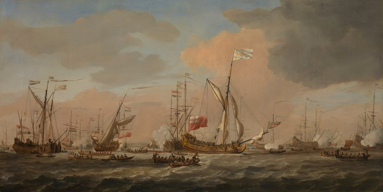 Jacht "Mary", przybywający z księżniczką Mary do Gravesend w świeżej bryzie autorstwa Willem van de Velde the Younger