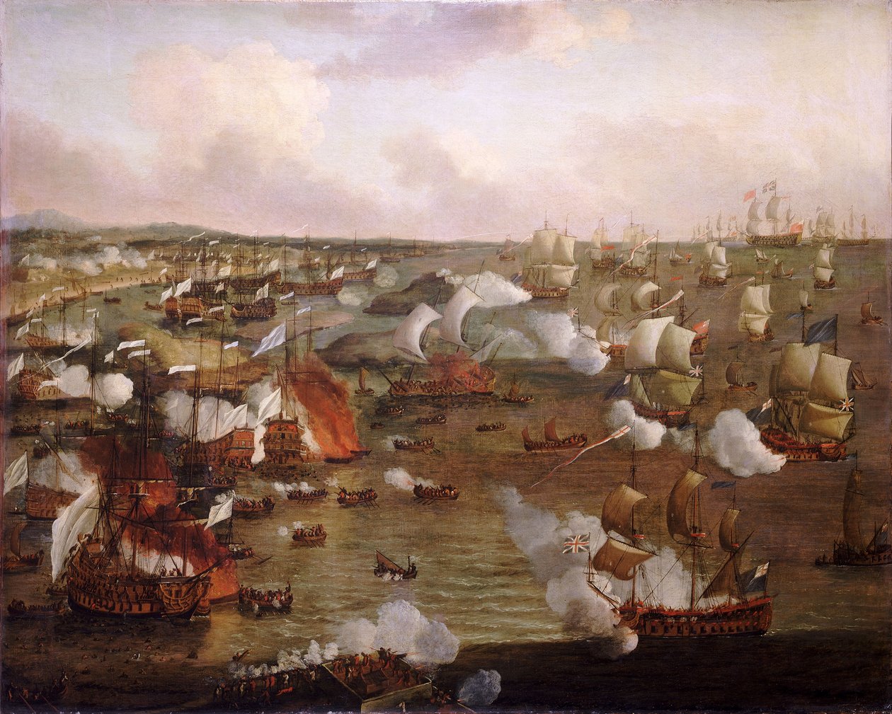 Spalenie francuskich okrętów w bitwie pod La Hogue, 23 maja 1692, koniec XVII wieku (olej na płótnie) autorstwa Willem van de Velde the Younger