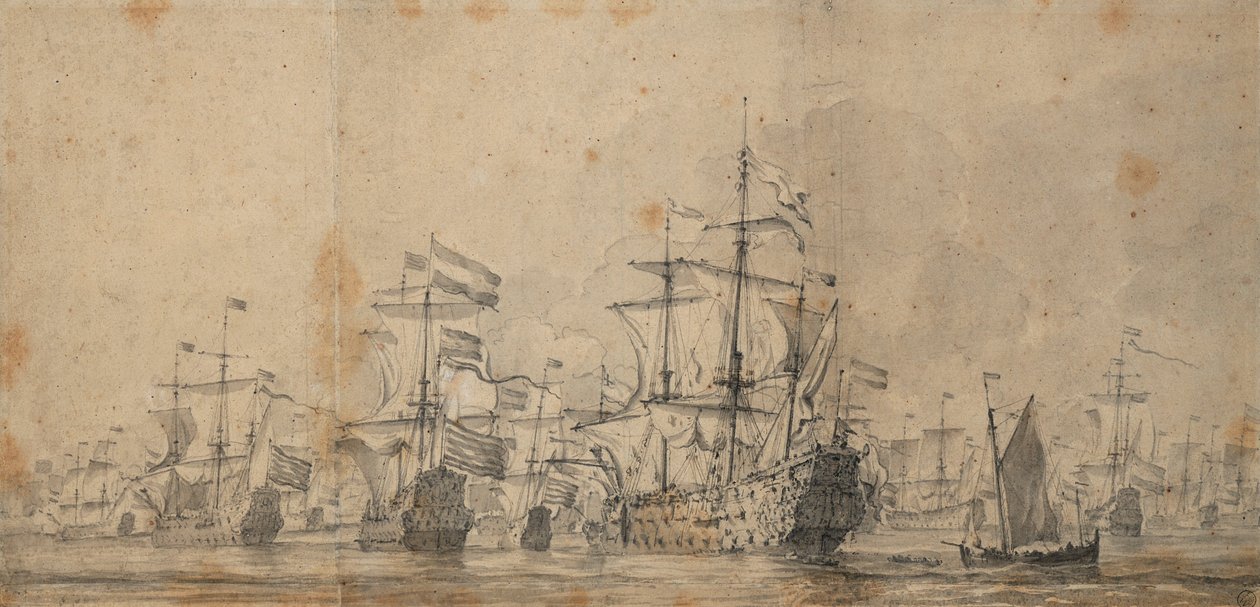 Poddanie się "Królewskiego Księcia", 3-13 czerwca 1666, ok. 1666 (grafit, szara farba) autorstwa Willem van de Velde the Younger
