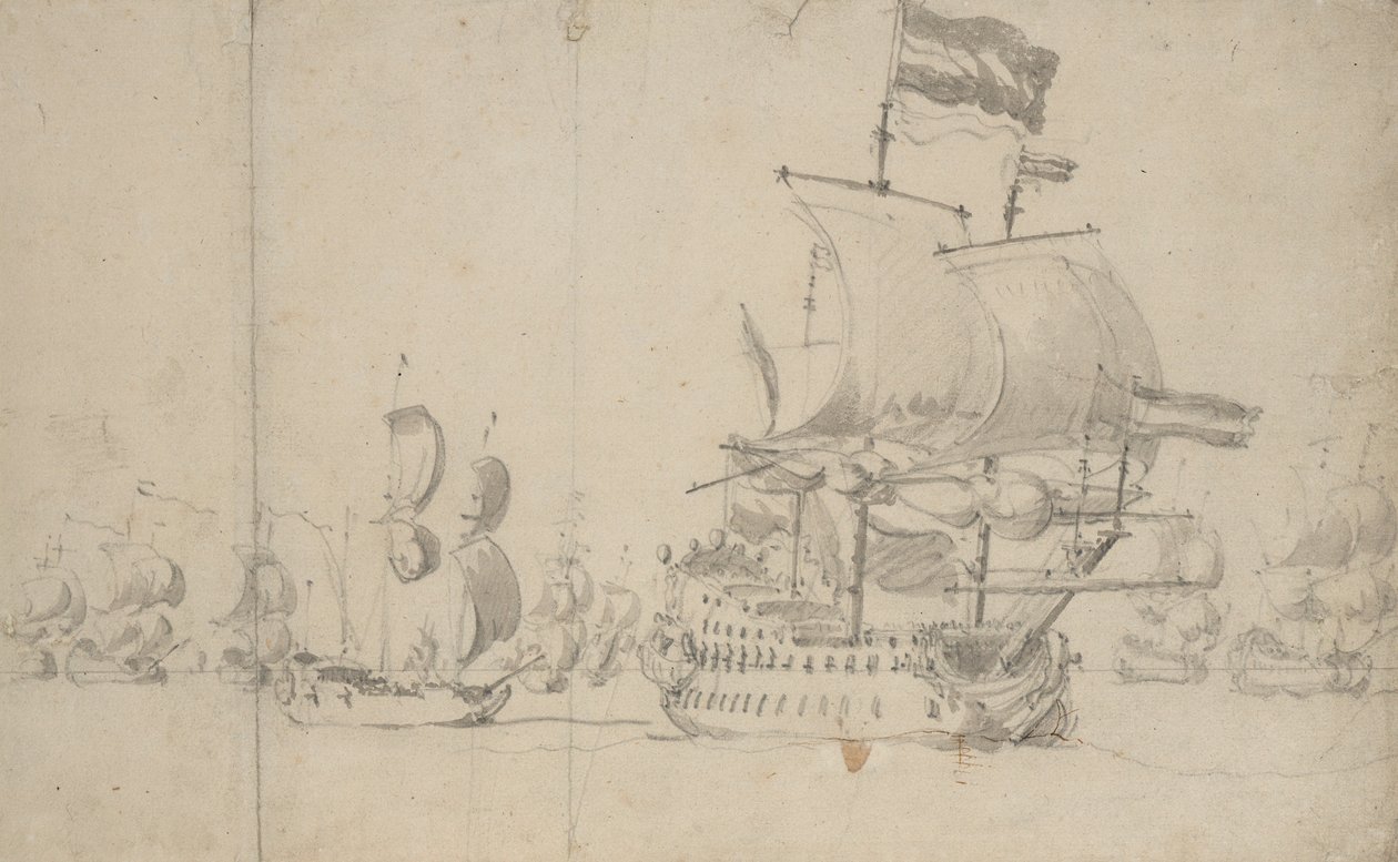 Holenderski okręt flagowy ze statkiem wysyłkowym na ćwiartce, maj 1672, ok. 1672 (ołówek, malowanie) autorstwa Willem van de the Elder Velde