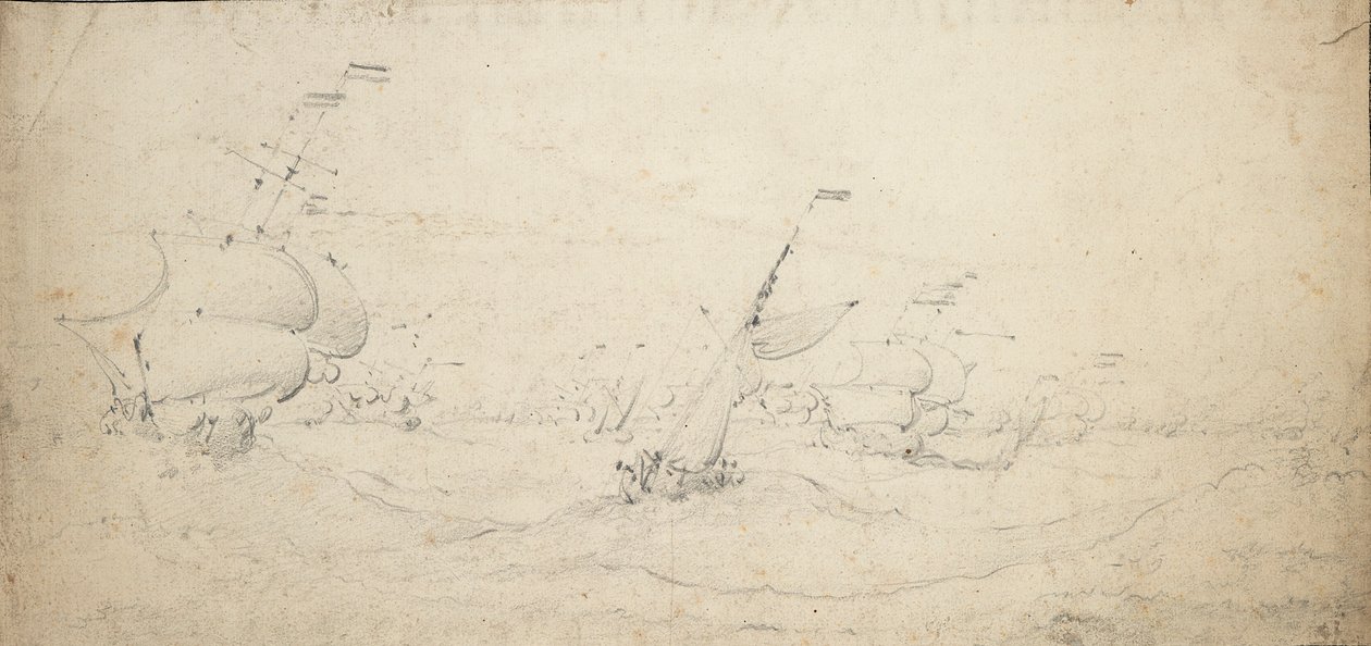 Holenderska tylna eskadra płynąca pod wiatr na wzburzonym morzu, ok. 1672 r. (grafit) autorstwa Willem van de the Elder Velde
