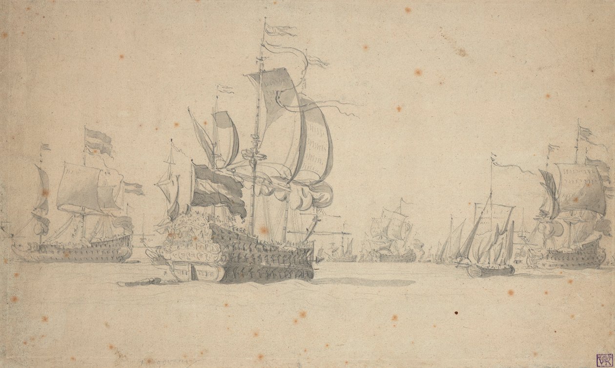 Holenderska eskadra formująca szyk bojowy, maj 1672, ok. 1672 (ołówek, pył) autorstwa Willem van de the Elder Velde