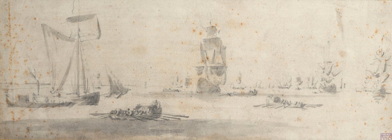 Galileot w lekkim wietrze i kilka barek, ok. 1681 r. (grafit, szare pranie) autorstwa Willem van de the Elder Velde
