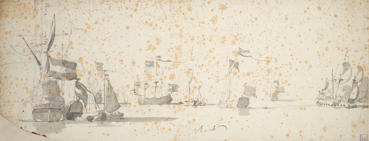 Jacht państwowy i holenderskie statki na kotwicy, ok. 1664 (grafit, szare pranie) autorstwa Willem van de the Elder Velde