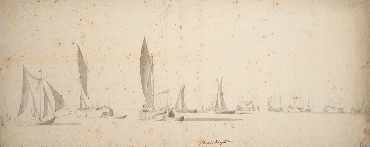 Łódź zanurzona, wijdschips i waterschips na lekkim wietrze, ok. 1664 (grafit, szara farba) autorstwa Willem van de the Elder Velde
