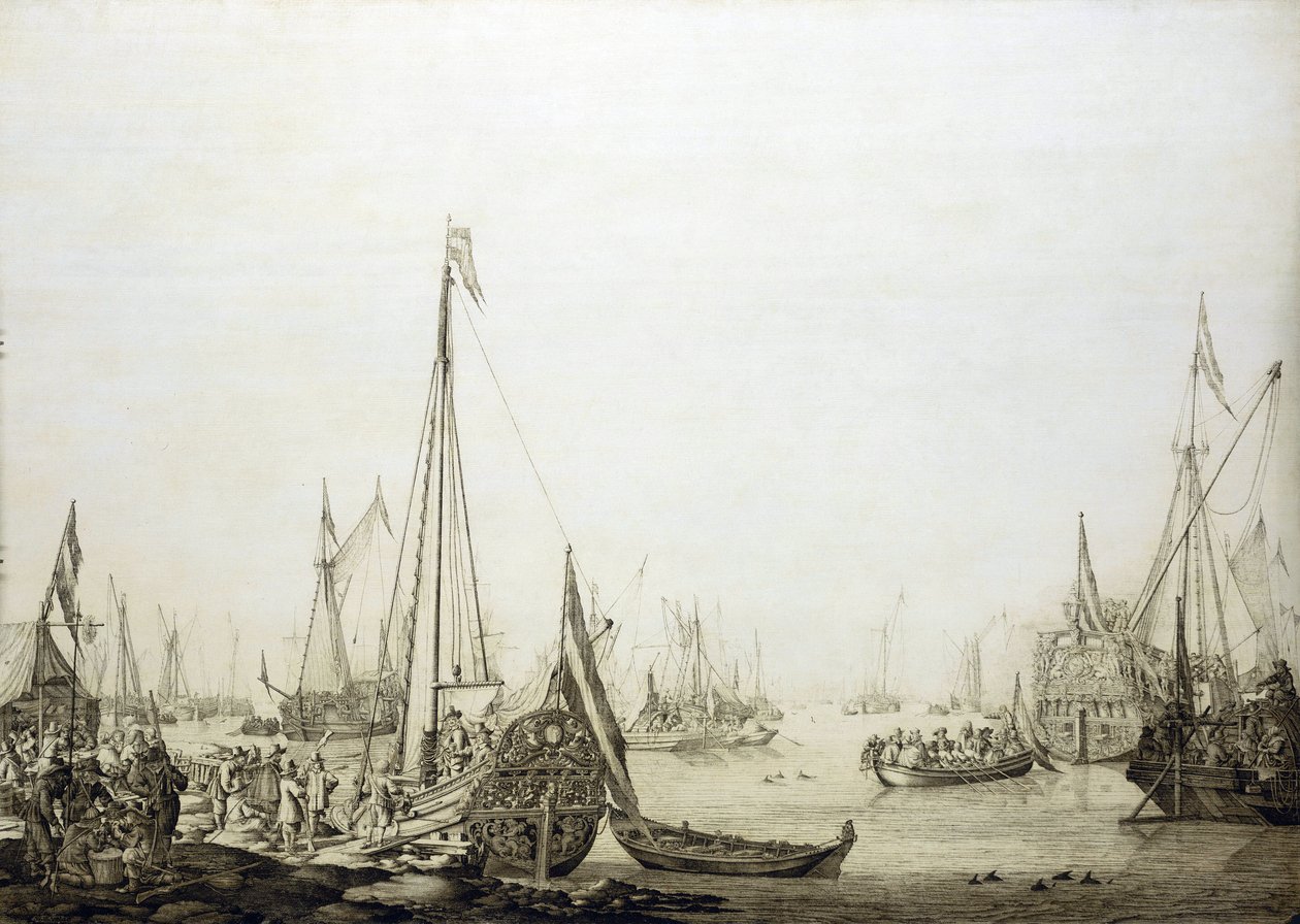 Przedstawiający różne statki w zatłoczonym porcie obraz jest historycznie związany z podróżą Karola II (1630-1685) do Hagi (Holandia) w 1660 roku, podczas przywracania jego władzy nad angielskim tronem autorstwa Willem van de the Elder Velde