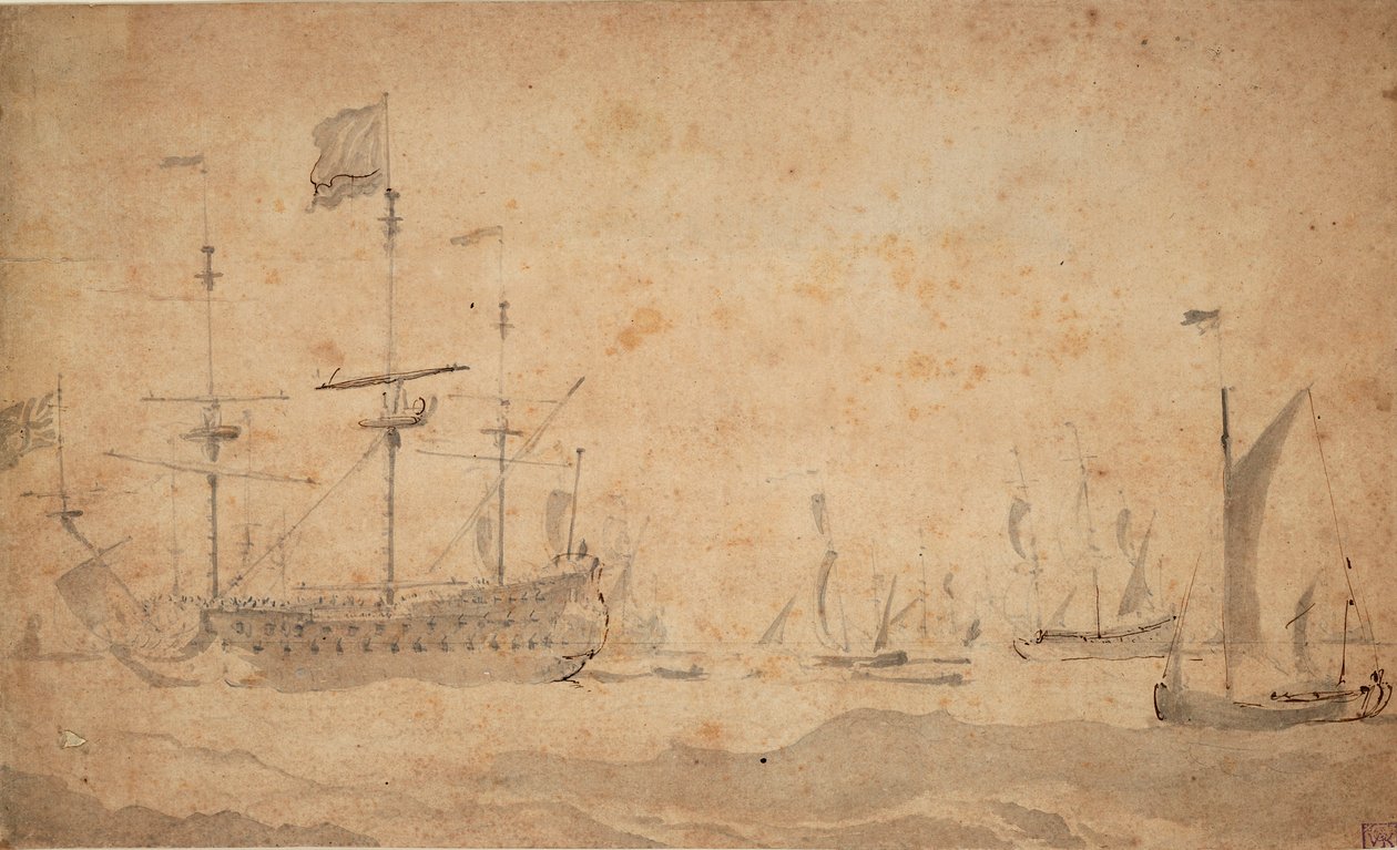 Angielski okręt flagowy na kotwicy, prawdopodobnie w czerwcu 1673 r., ok. 1673 r. (szare płótno) autorstwa Willem van de the Elder Velde