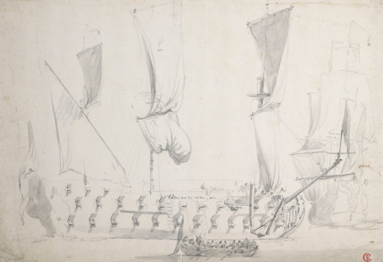 Angielski czwartoklasista na lekkim wietrze, ok. 1681 (grafit, szare pranie) autorstwa Willem van de the Elder Velde