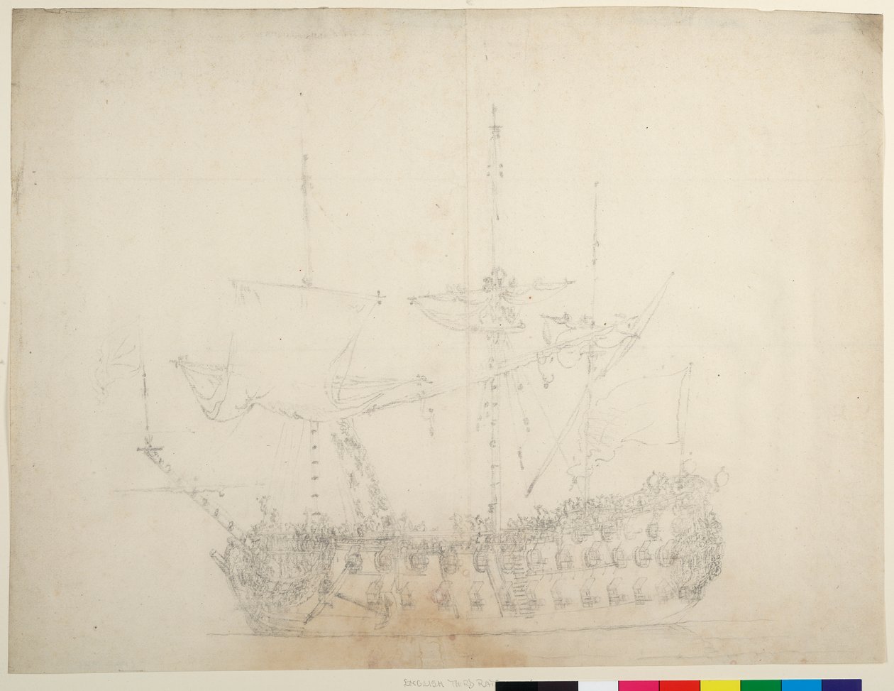 Angielski okręt trzeciej klasy z 60 działami, widziany z lewej burty, ok. 1673 r. (offset) autorstwa Willem van de the Elder Velde