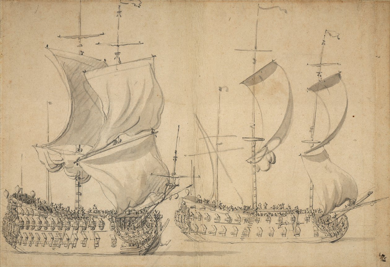 Angielska trzecia i czwarta klasa pod łatwym żaglem, ok. 1677 (ołówek, pył) autorstwa Willem van de the Elder Velde