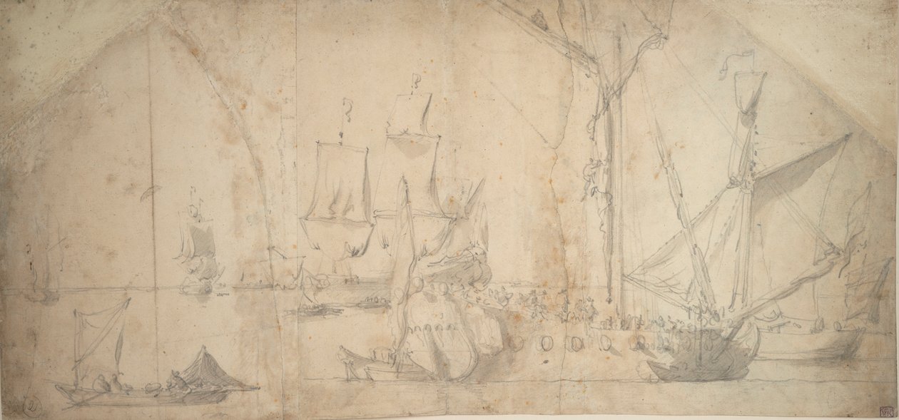 Angielski jacht na kotwicy zwijający żagiel autorstwa Willem van de the Elder Velde