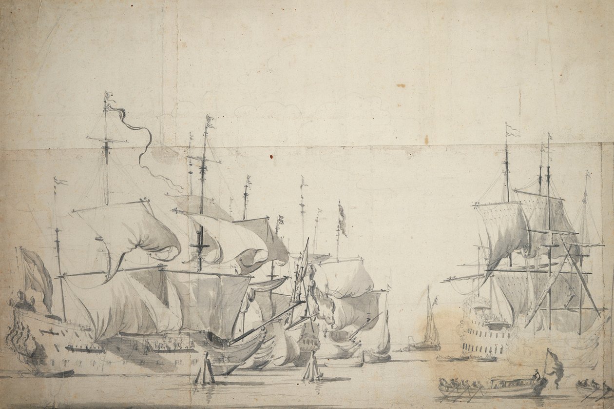 Holenderskie okręty bojowe suszące żagle, ok. 1658 r. (grafit, szare pranie) autorstwa Willem van de the Elder Velde