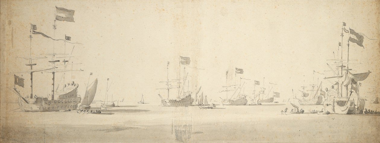 Holenderskie okręty flagowe na kotwicy z łodziami obok, ok. 1664 (grafit, szare płótno) autorstwa Willem van de the Elder Velde