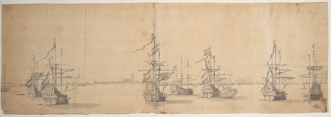 Holenderskie statki na kotwicy przy niskim brzegu, ok. 1658 (grafit, szare pranie) autorstwa Willem van de the Elder Velde