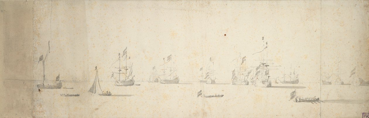 Holenderskie statki na kotwicy u wybrzeży lądu, ok. 1664 (grafit, szary pył) autorstwa Willem van de the Elder Velde