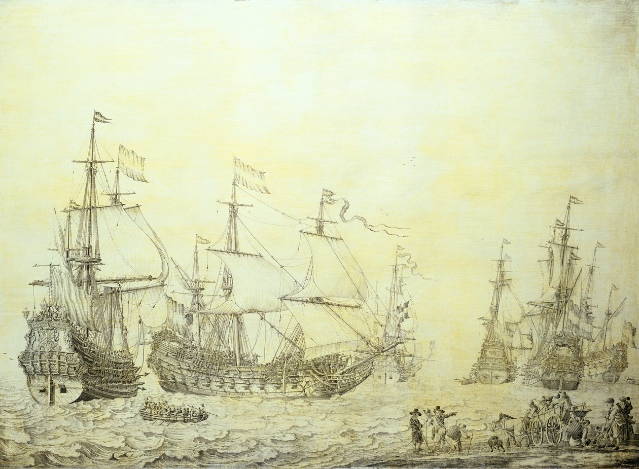 Holenderskie statki kotwiczące w pobliżu brzegu autorstwa Willem van de the Elder Velde