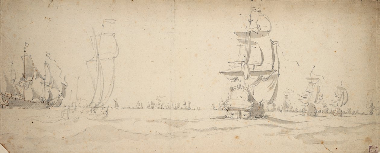 Holenderskie statki płynące w kierunku głównej floty, maj 1672, ok. 1672 (grafit, szary pył) autorstwa Willem van de the Elder Velde