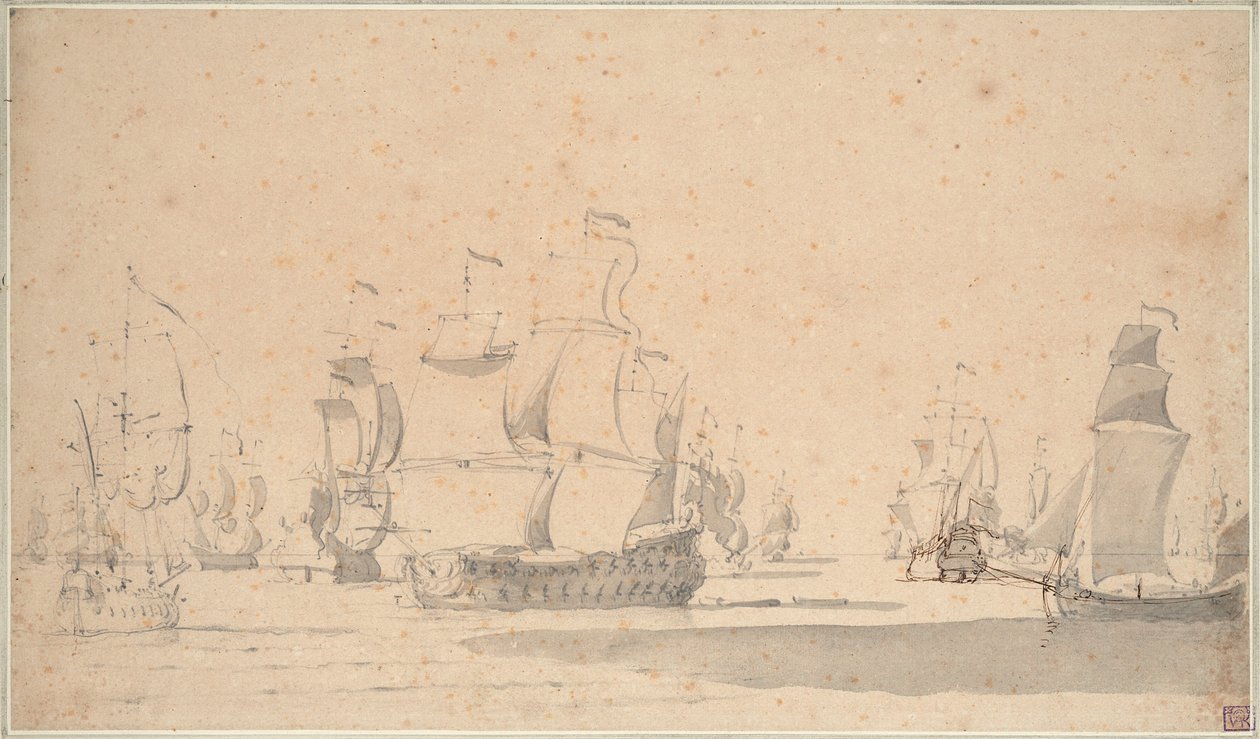 Angielskie statki, kecz i galeot przy lekkiej bryzie, czerwiec 1673, ok. 1673 (ołówek, pył, pióro, brązowy tusz) autorstwa Willem van de the Elder Velde