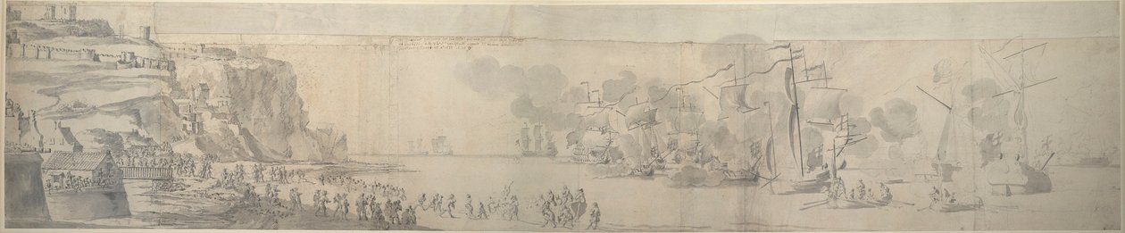 Maria z Modeny lądująca w Dover, 21 listopada-1 grudnia 1673 r., ok. 1673 r. (grafit) autorstwa Willem van de the Elder Velde
