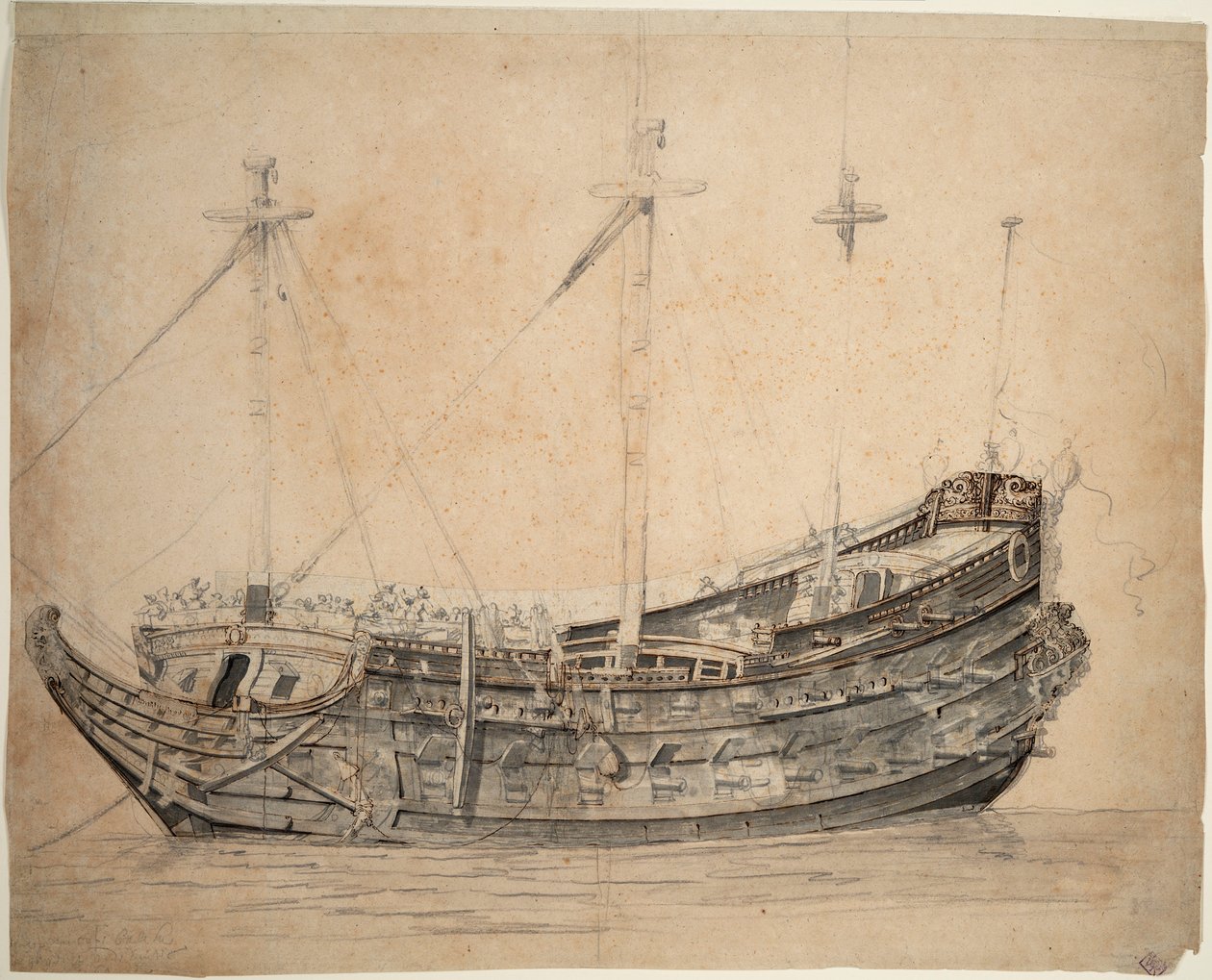 Portret "Vrijheid", 50-działowego okrętu amsterdamskiej Admiralicji, zbudowanego w 1651 r. i wysadzonego w powietrze w 1676 r., ok. 1653 r. (grafit, szare pranie, brązowe pióro, tusz) autorstwa Willem van de the Elder Velde