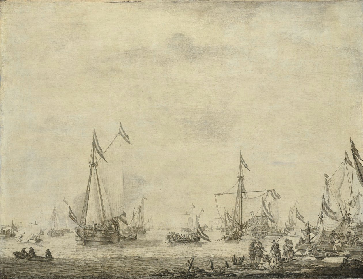 Jacht królewski i jacht państwowy wypływają z Moerdijk z Karolem II autorstwa Willem van de the Elder Velde