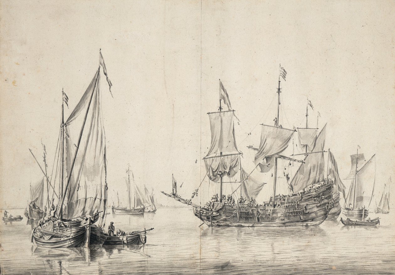 Żaglówki i holenderska fregata susząca żagle. Rysunek i pranie (26x37 cm), William van de Velde l