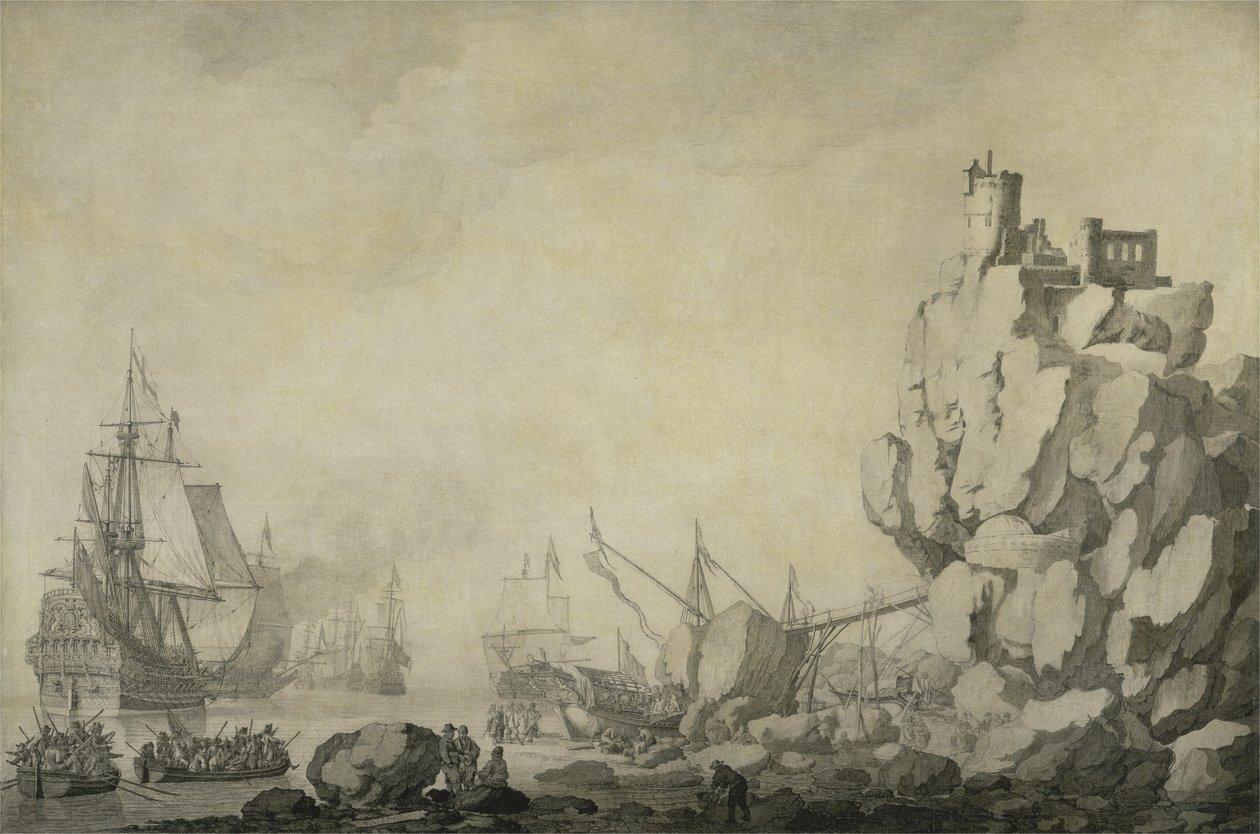 Statki i milicja przy skalistym brzegu, ok. 1680 (pióro i atrament na przygotowanym płótnie) autorstwa Willem van de the Elder Velde