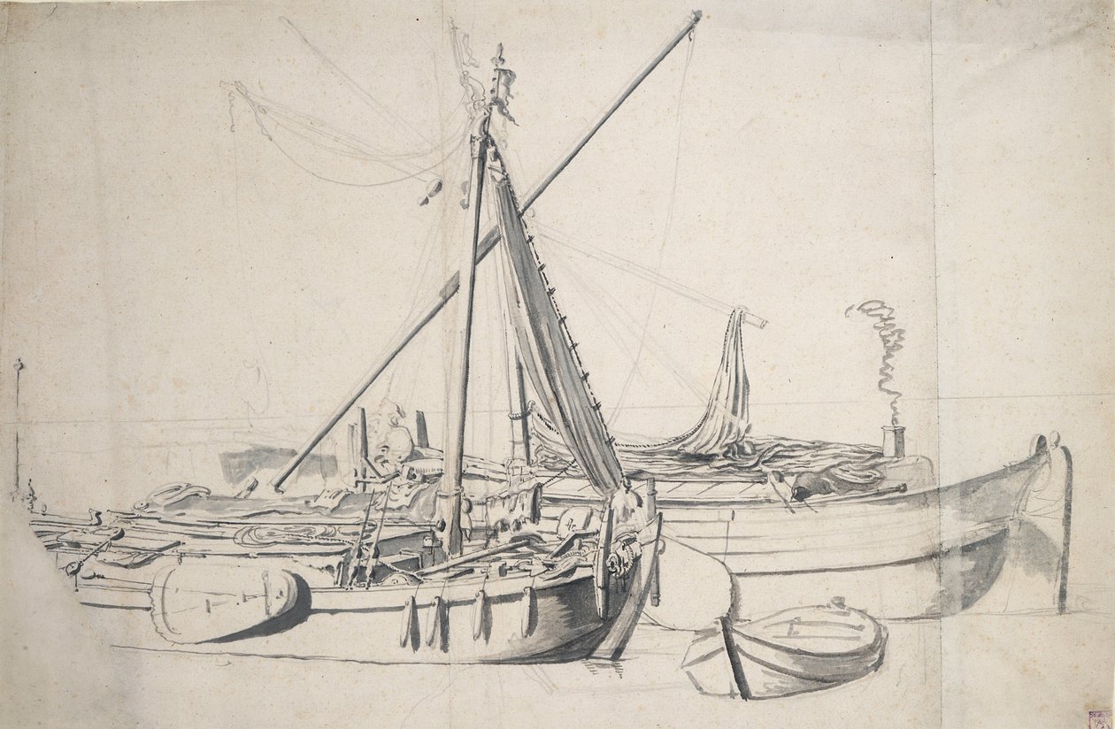 Studium leżących obok siebie damloopera i smalschipa, ok. 1665 (grafit, szary pył) autorstwa Willem van de the Elder Velde