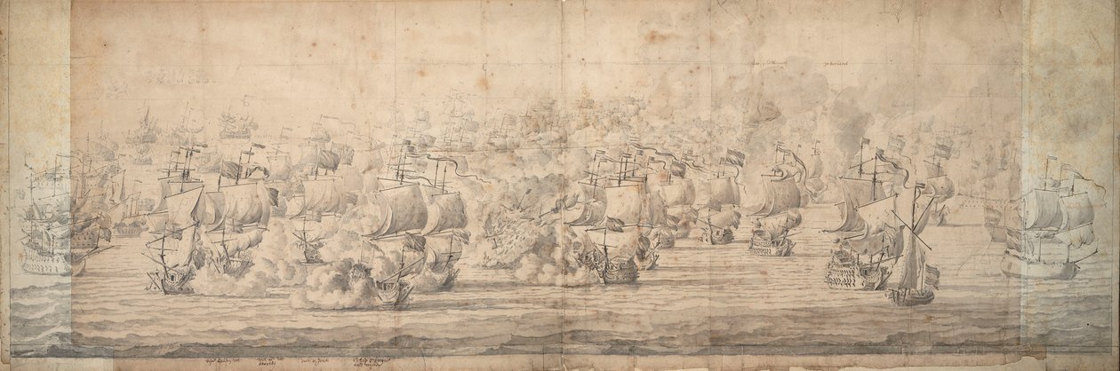Bitwa pod Lowestoft, 3-13 czerwca 1665, ok. 1674 (grafit, tusz) autorstwa Willem van de the Elder Velde