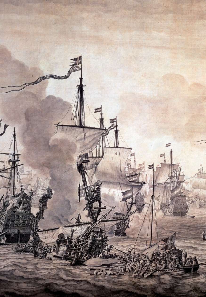 Bitwa o dźwięk pomiędzy flotą holenderską i szwedzką, 8 listopada 1658. Detal - Malarstwo olejne i atramentowe autorstwa Willem van de the Elder Velde