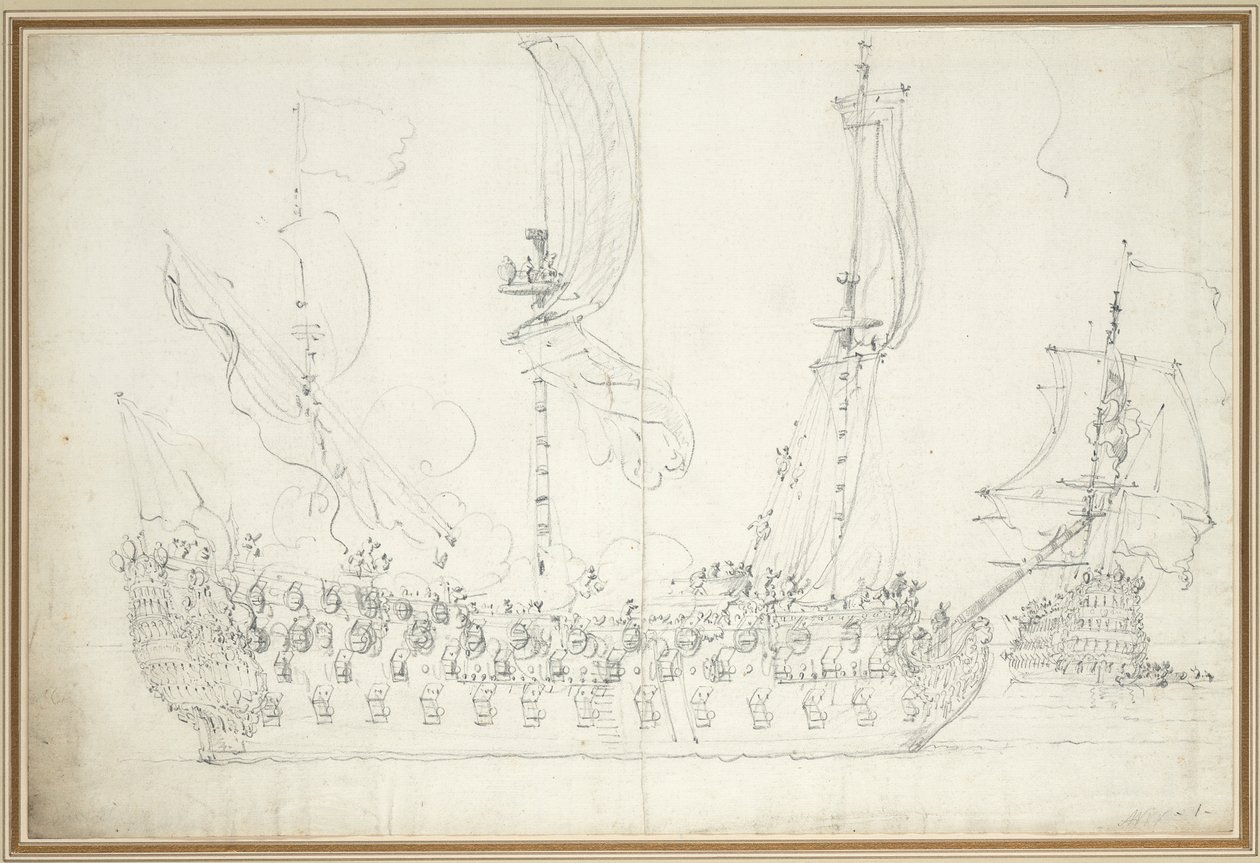 "Księżna" przed lekką bryzą, ok. 1681 (grafit) autorstwa Willem van de the Elder Velde