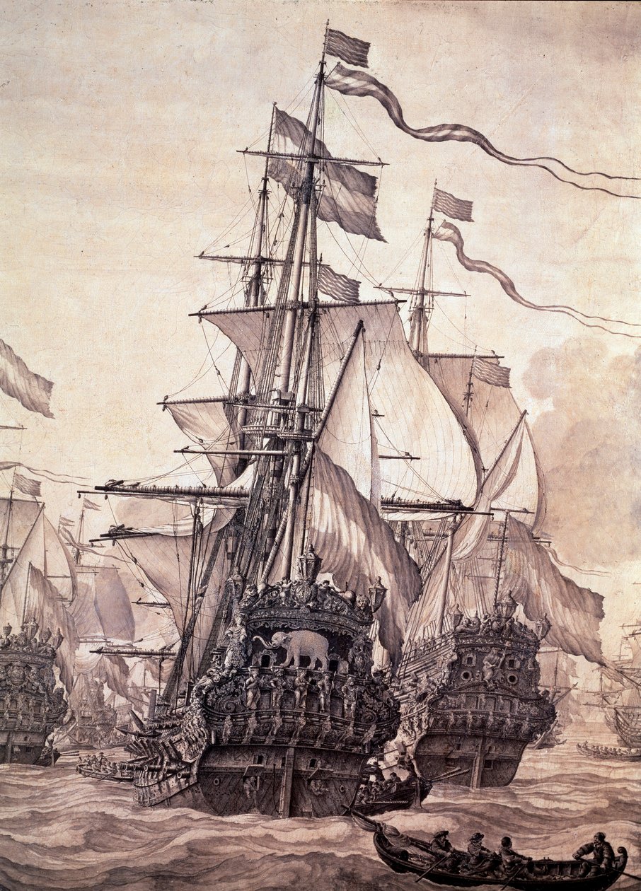 Holenderska Flota w 1672 r. Detal - olej na płótnie autorstwa Willem van de the Elder Velde