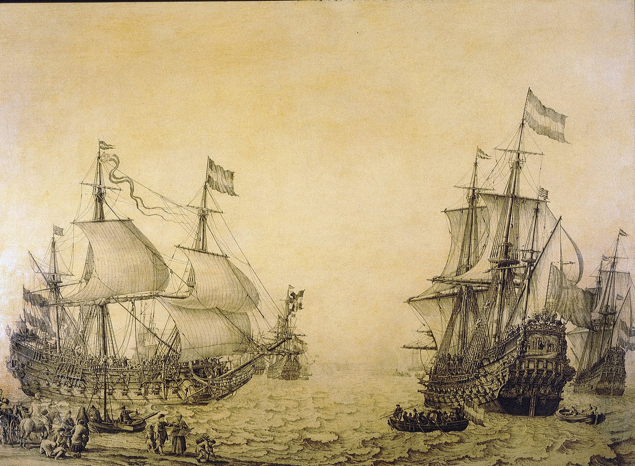 Holenderski statek "Oosterwijk", opuszczający brzeg, opisany z dwóch perspektyw. Grisaille na drewnie autorstwa Willem van de the Elder Velde