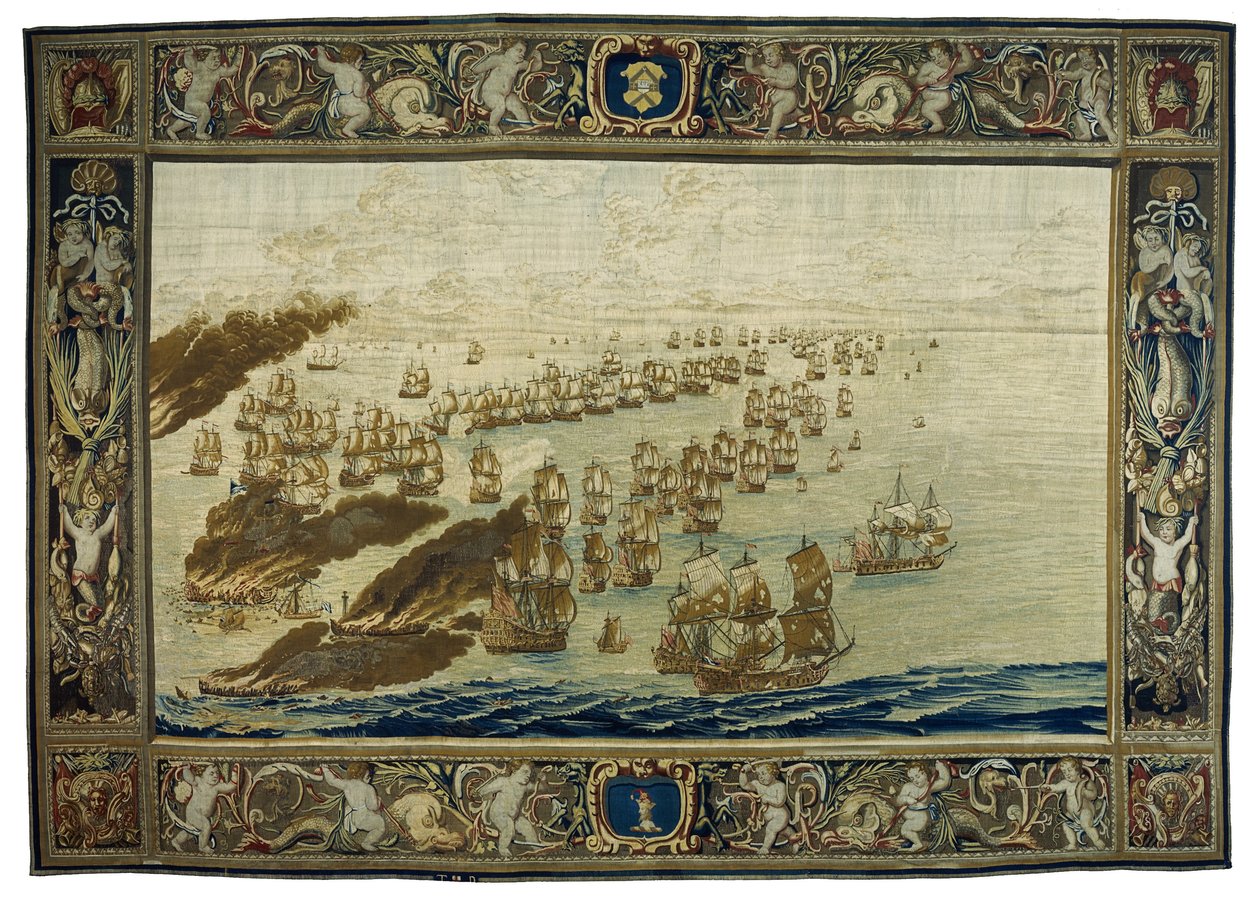 Gobelin Mortlake (dzielnica Londynu, Anglia) przedstawia pożar "Royal James" podczas bitwy pod Solebay, 28 maja. autorstwa Willem van de the Elder Velde