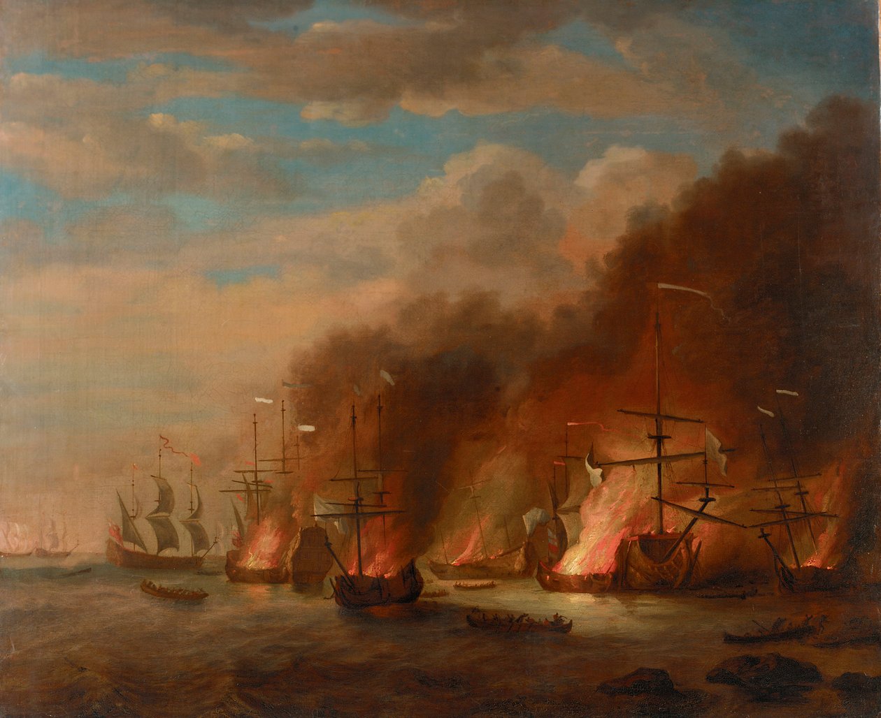 Spalenie "Soleil Royal" w bitwie pod La Hogue, 23 maja 1692 r., koniec XVII w. (olej na płótnie) autorstwa Willem van de the Elder Velde