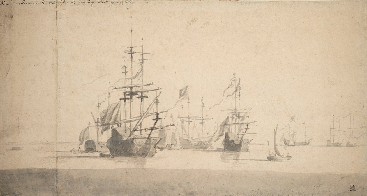 Tromp salutujący w "Oosterwijk", ok. 1664 (grafit, szare pranie) autorstwa Willem van de the Elder Velde