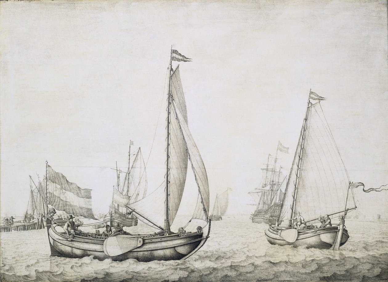 Dwa holenderskie statki na starcie, prawdopodobnie w porcie w Amsterdamie (Holandia). Grisaille na drewnie, około 1660 roku, autorstwa Willema van de Velde (1611-1693). autorstwa Willem van de the Elder Velde