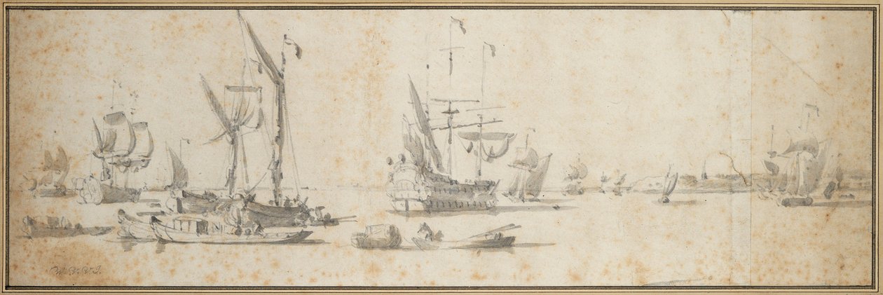 Dwóch doggerów i statek na kotwicy w porcie, ok. 1681 (grafit, szare pranie) autorstwa Willem van de the Elder Velde