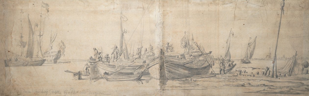 Dwóch kaagów na brzegu, ok. 1643 r. (grafit, szare płótno) autorstwa Willem van de the Elder Velde
