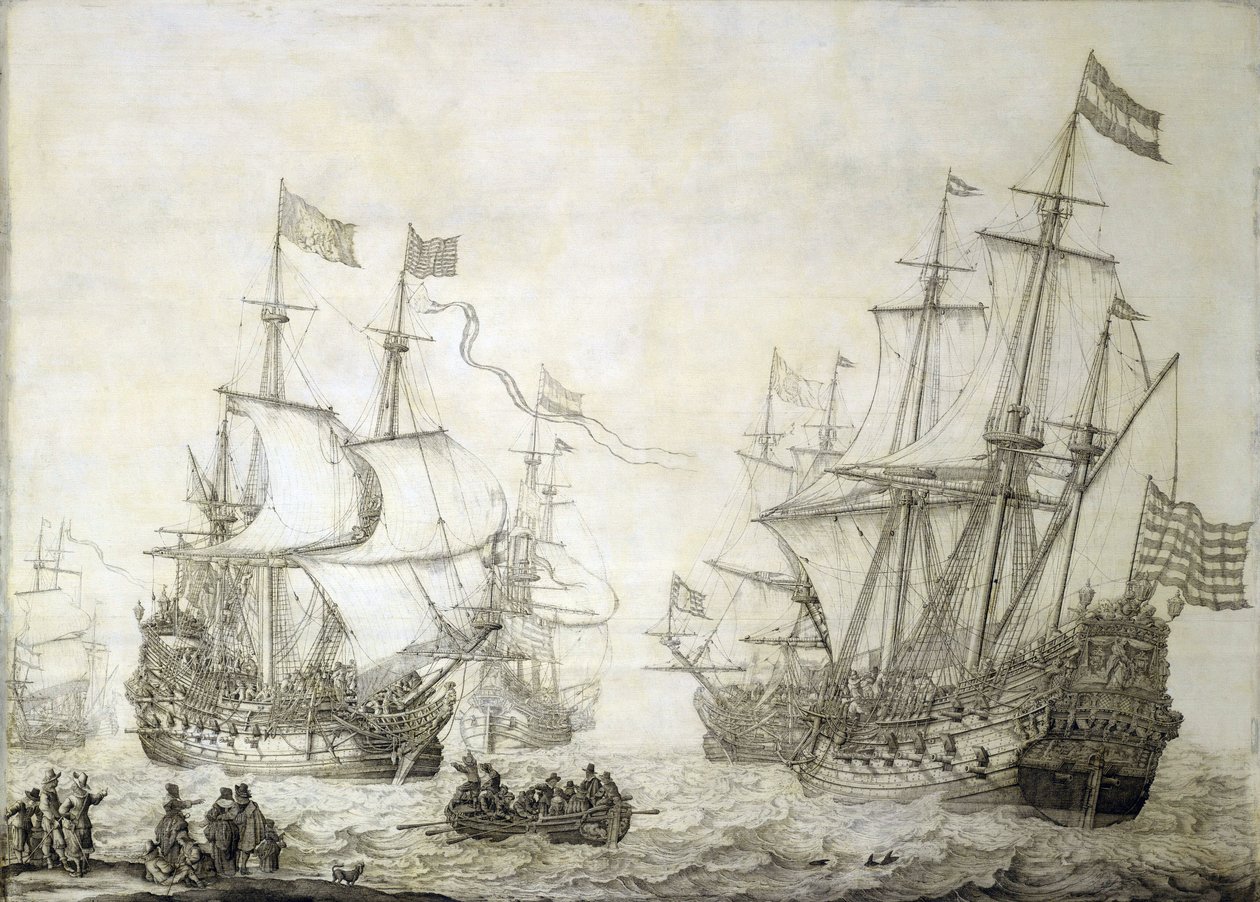 Dwa statki handlowe Holenderskiej Kompanii Wschodnioindyjskiej opuszczające brzeg przy spokojnym wietrze. Grisaille na drewnie autorstwa Willem van de the Elder Velde