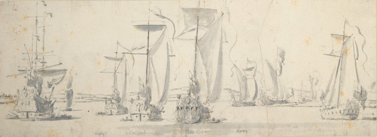 Wizyta Karola II na "Tygrysie" w Woolwich: Jachty na zakręcie rzeki autorstwa Willem van de the Elder Velde