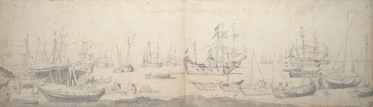 Weyschuits, kaag i holenderskie okręty wojenne w Texel autorstwa Willem van de the Elder Velde