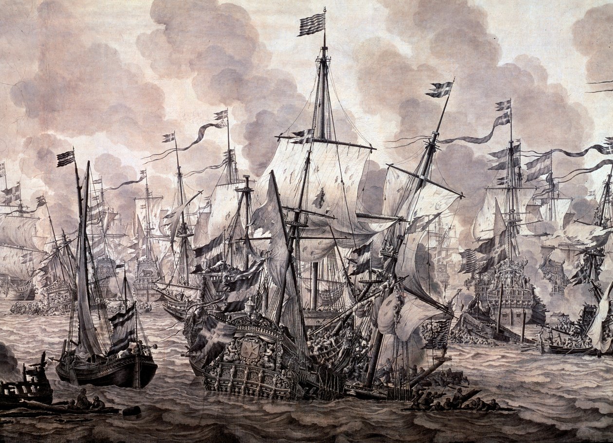 Bitwa o Dźwięk pomiędzy flotą holenderską i szwedzką, 8 listopada 1658. Detal - Malarstwo olejne i tuszowe autorstwa Willem van de the Elder Velde
