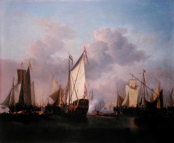 Jacht stanowy i inne statki w bardzo lekkim powietrzu, ok. 1655 (olej na płótnie) autorstwa Willem van de Velde the Younger