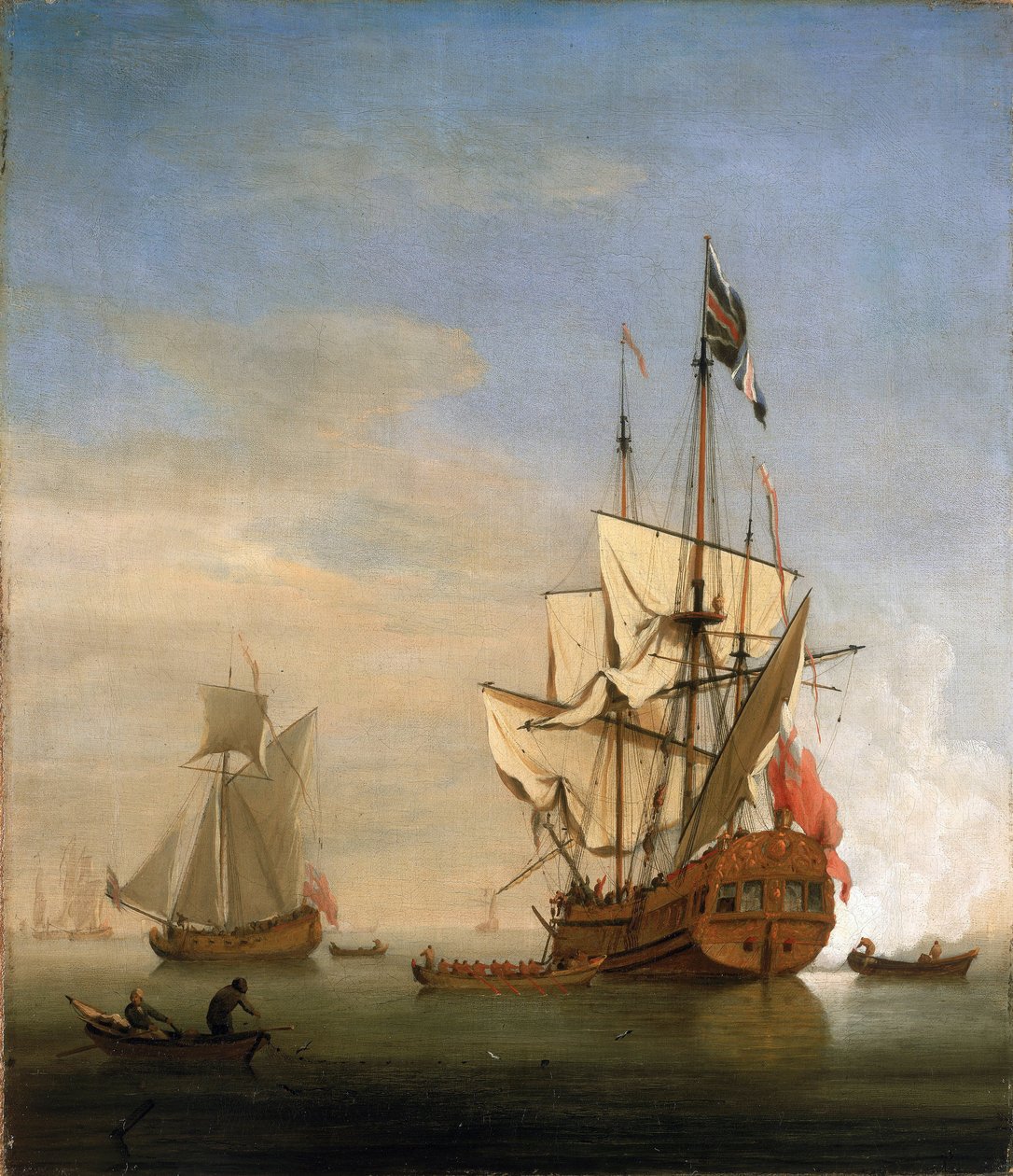 Szósta klasa (sixth rate), mały brytyjski okręt wojenny, strzelający z armaty na powitanie. Olej na płótnie autorstwa Willem van de Velde the Younger