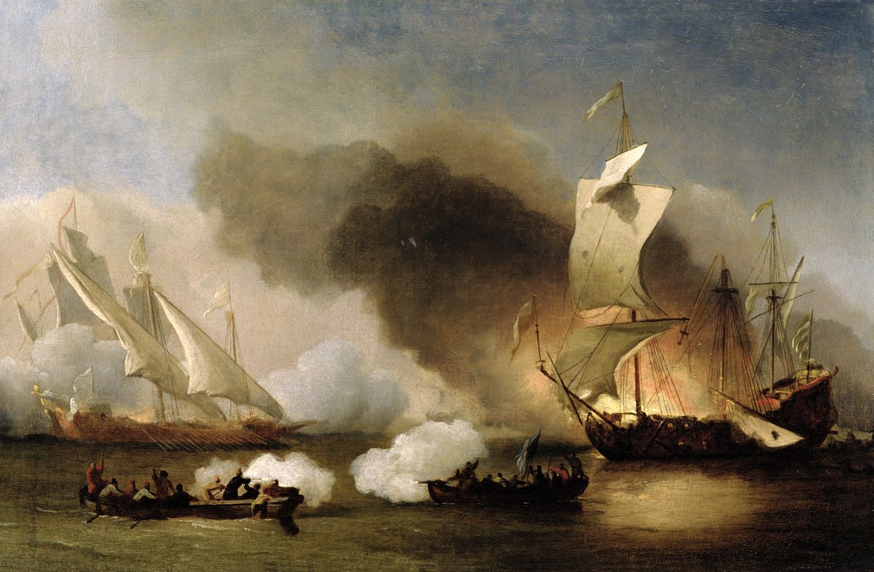 Akcja u wybrzeży Barbary z galerami i angielskimi statkami, ok. 1695 (olej na płótnie) autorstwa Willem van de Velde the Younger