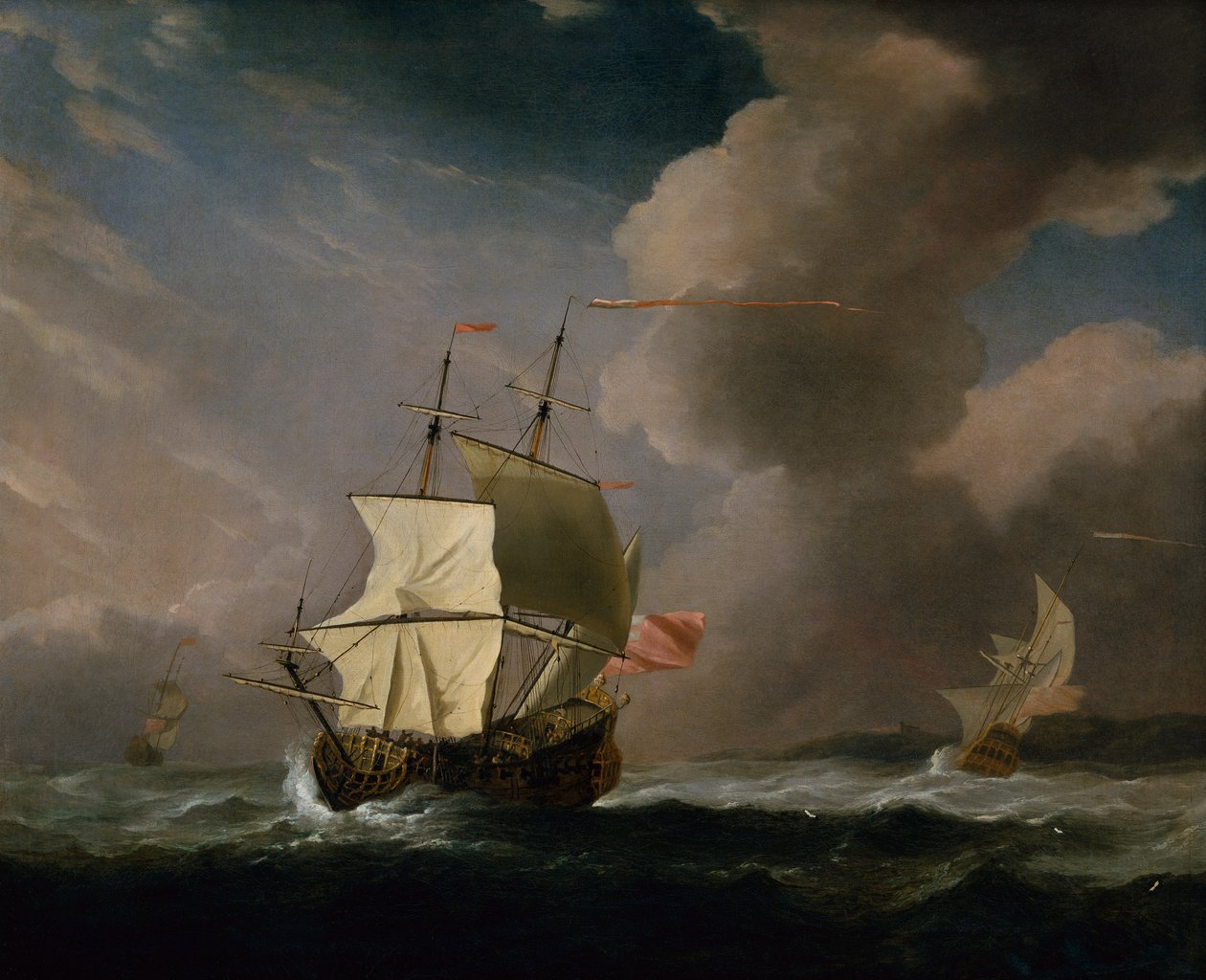 Angielski dwupokładowy na silnym wietrze z innym statkiem w tle (olej na płótnie) autorstwa Willem van de Velde the Younger