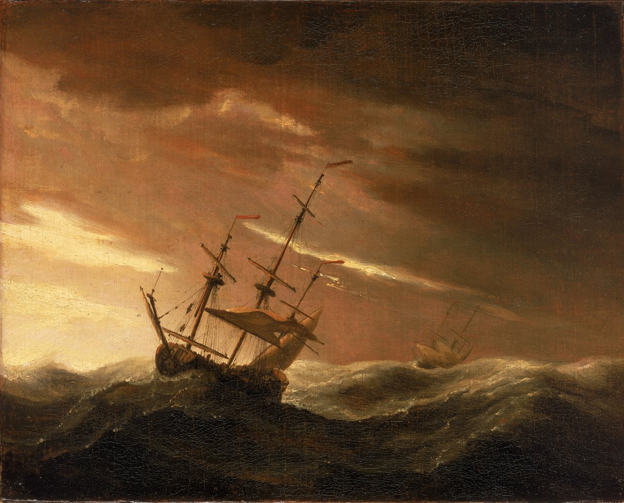 Angielski statek w czasie wichury, koniec XVII wieku (olej na płótnie) autorstwa Willem van de Velde the Younger